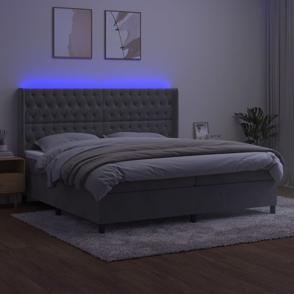vidaXL Łóżko kontynentalne z materacem i LED, szare 200x200cm, aksamit