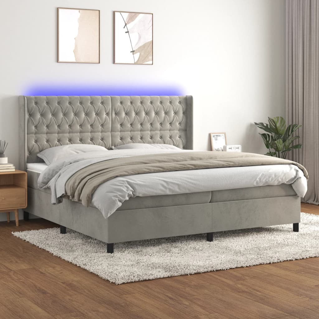 vidaXL Łóżko kontynentalne z materacem i LED, szare 200x200cm, aksamit