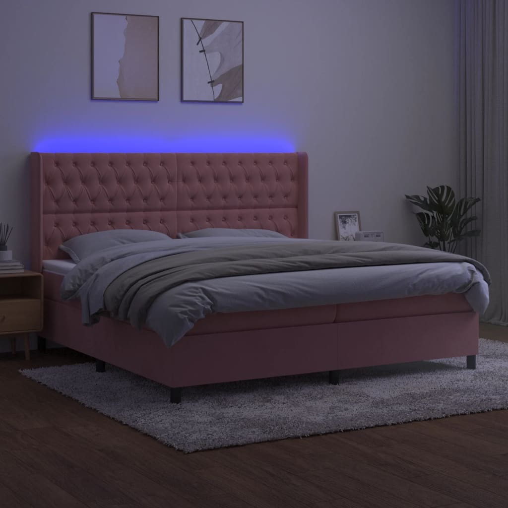 vidaXL Łóżko kontynentalne z materacem i LED, różowy aksamit 200x200cm
