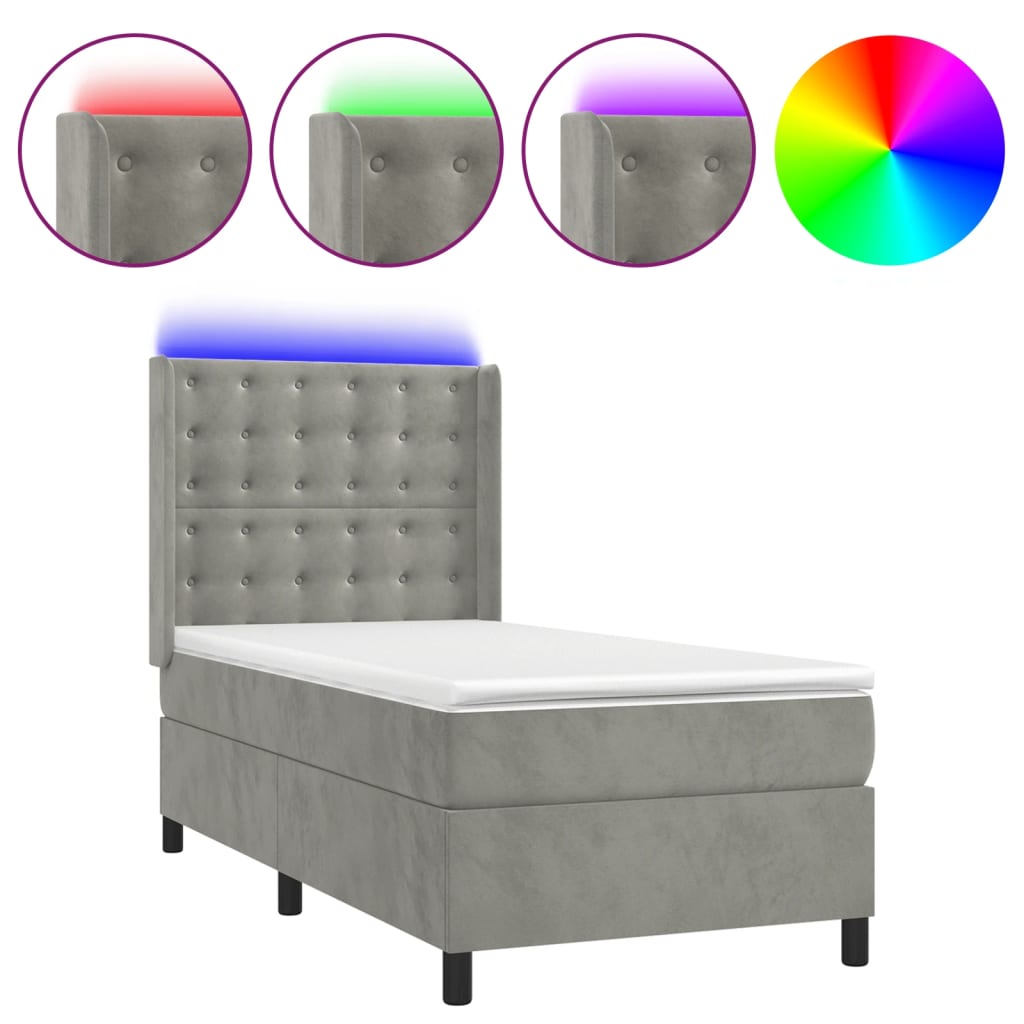 vidaXL Łóżko kontynentalne z materacem i LED, szare 80x200 cm, aksamit