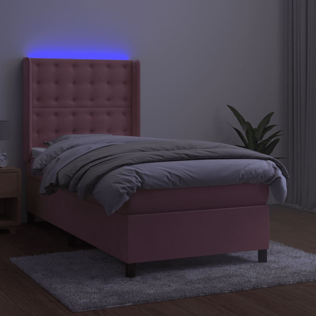 vidaXL Łóżko kontynentalne z materacem i LED, różowy aksamit 80x200 cm