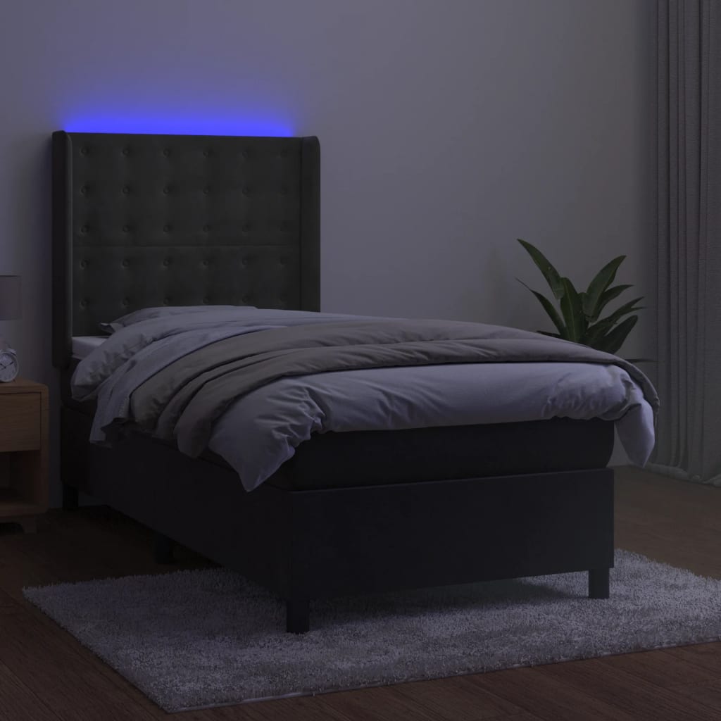 vidaXL Łóżko kontynentalne z materacem i LED, szary aksamit, 90x190 cm
