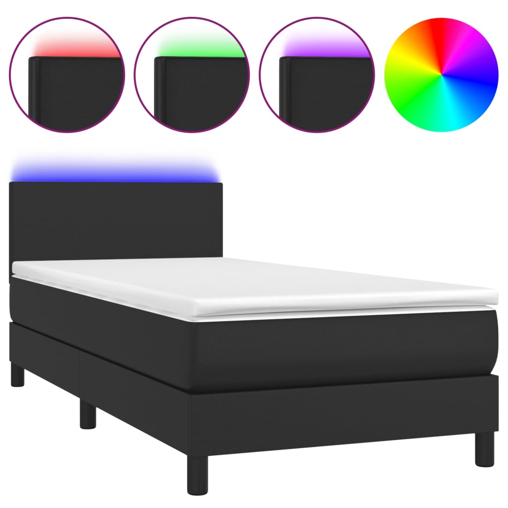 vidaXL Łóżko kontynentalne z materacem i LED czarna ekoskóra 90x190 cm