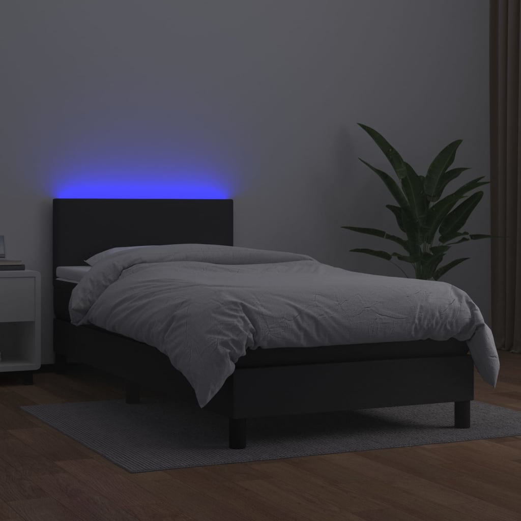 vidaXL Łóżko kontynentalne z materacem i LED czarna ekoskóra 90x190 cm