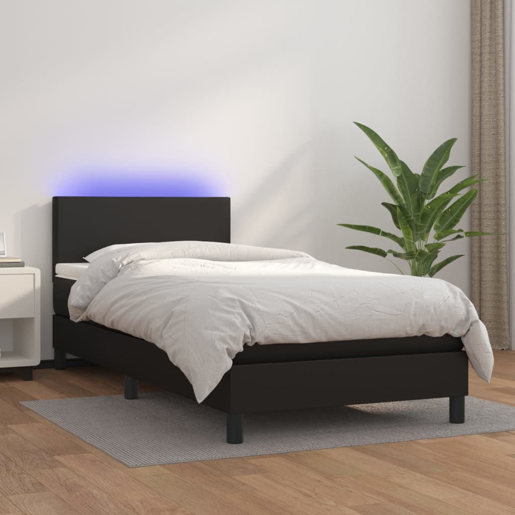 vidaXL Łóżko kontynentalne z materacem i LED czarna ekoskóra 90x190 cm