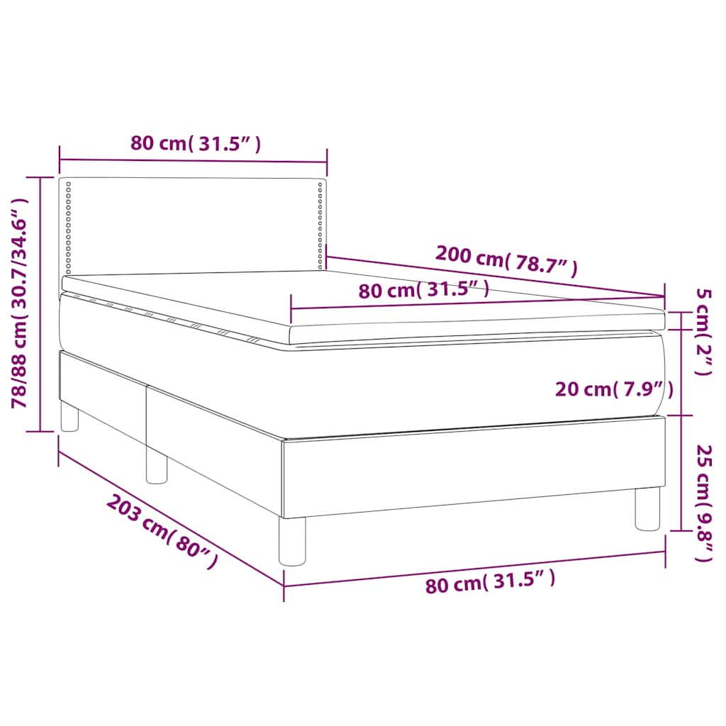 vidaXL Łóżko kontynentalne z materacem i LED, szara ekoskóra 80x200 cm