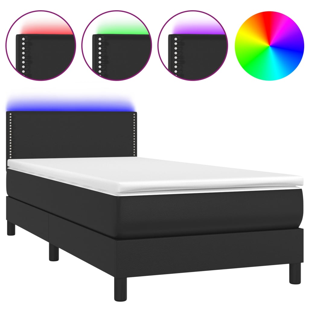 vidaXL Łóżko kontynentalne z materacem i LED czarna ekoskóra 90x190 cm
