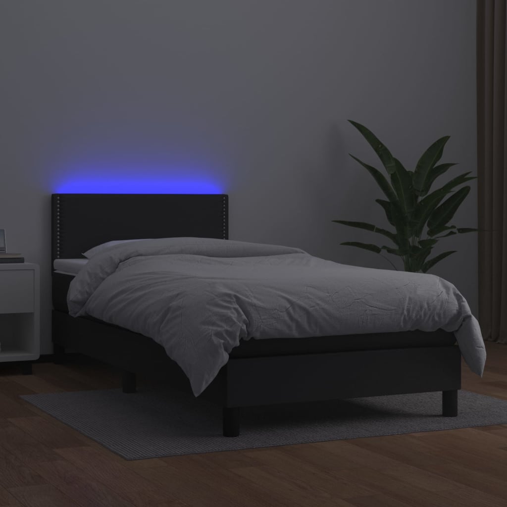vidaXL Łóżko kontynentalne z materacem i LED czarna ekoskóra 90x190 cm