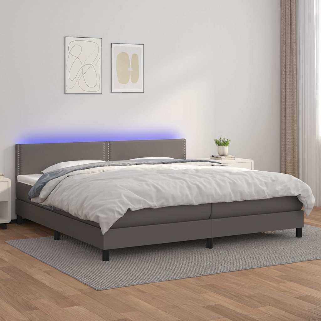 vidaXL Łóżko kontynentalne z materacem i LED, szara ekoskóra 200x200cm