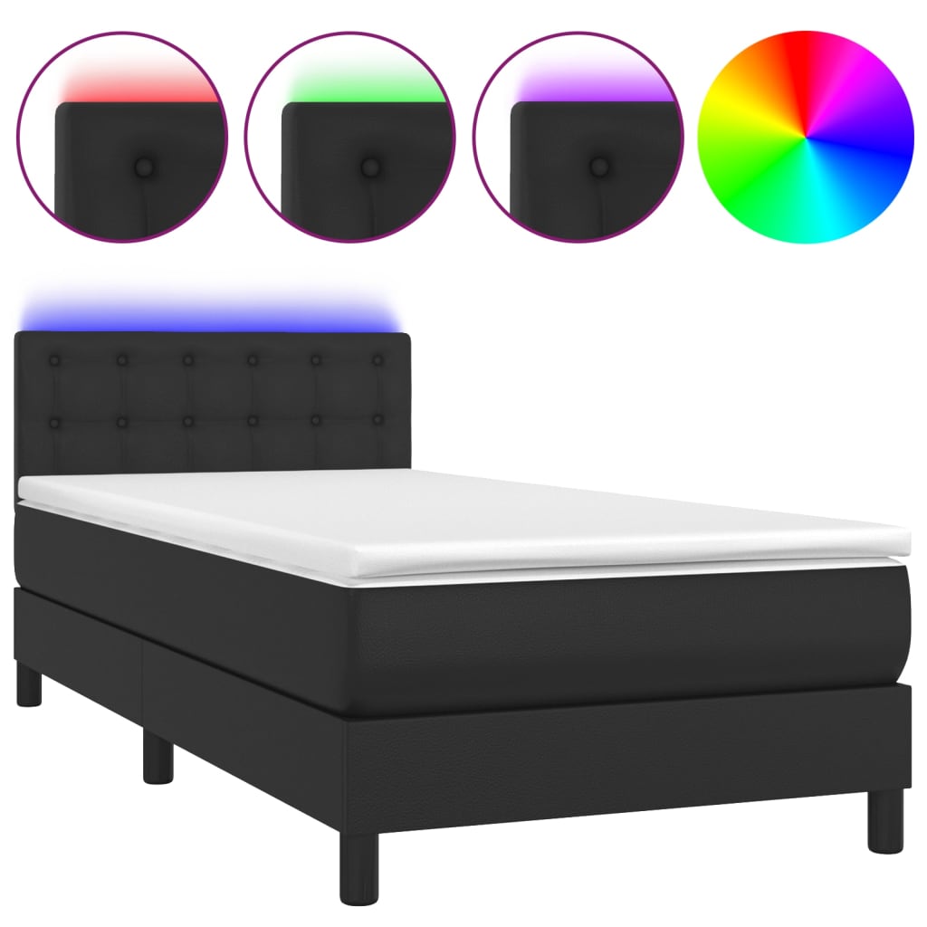 vidaXL Łóżko kontynentalne z materacem i LED czarna ekoskóra 90x190 cm