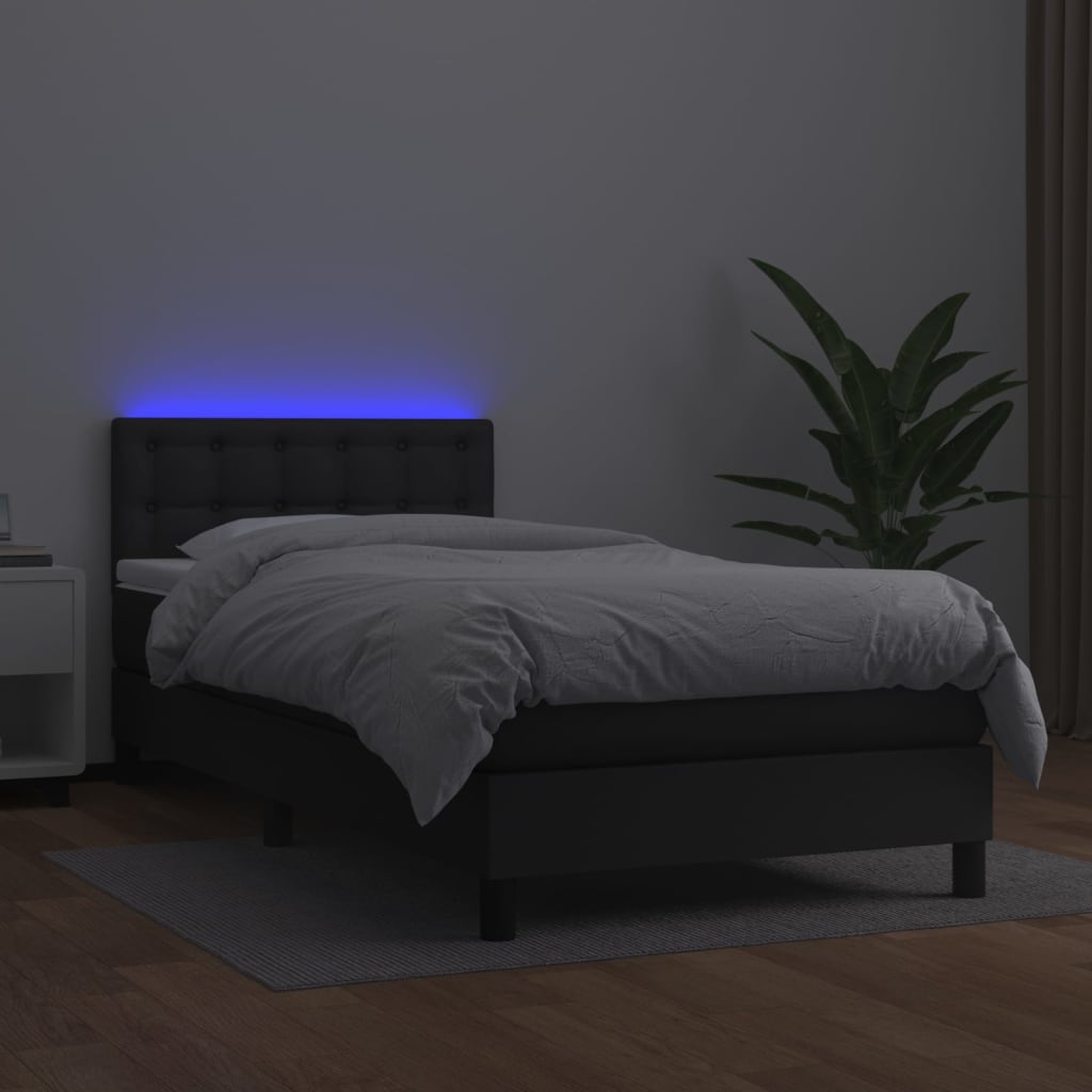 vidaXL Łóżko kontynentalne z materacem i LED czarna ekoskóra 90x190 cm
