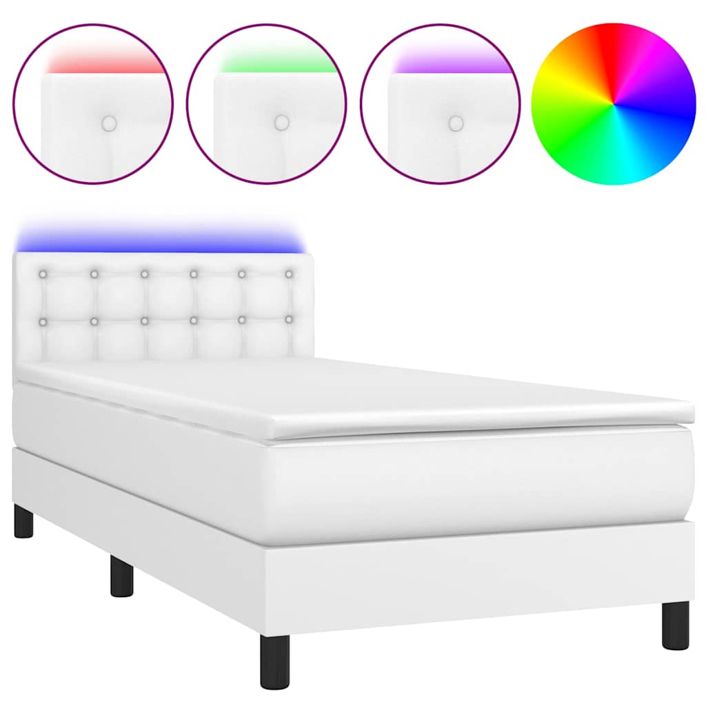 vidaXL Łóżko kontynentalne z materacem i LED, biała ekoskóra 90x190 cm