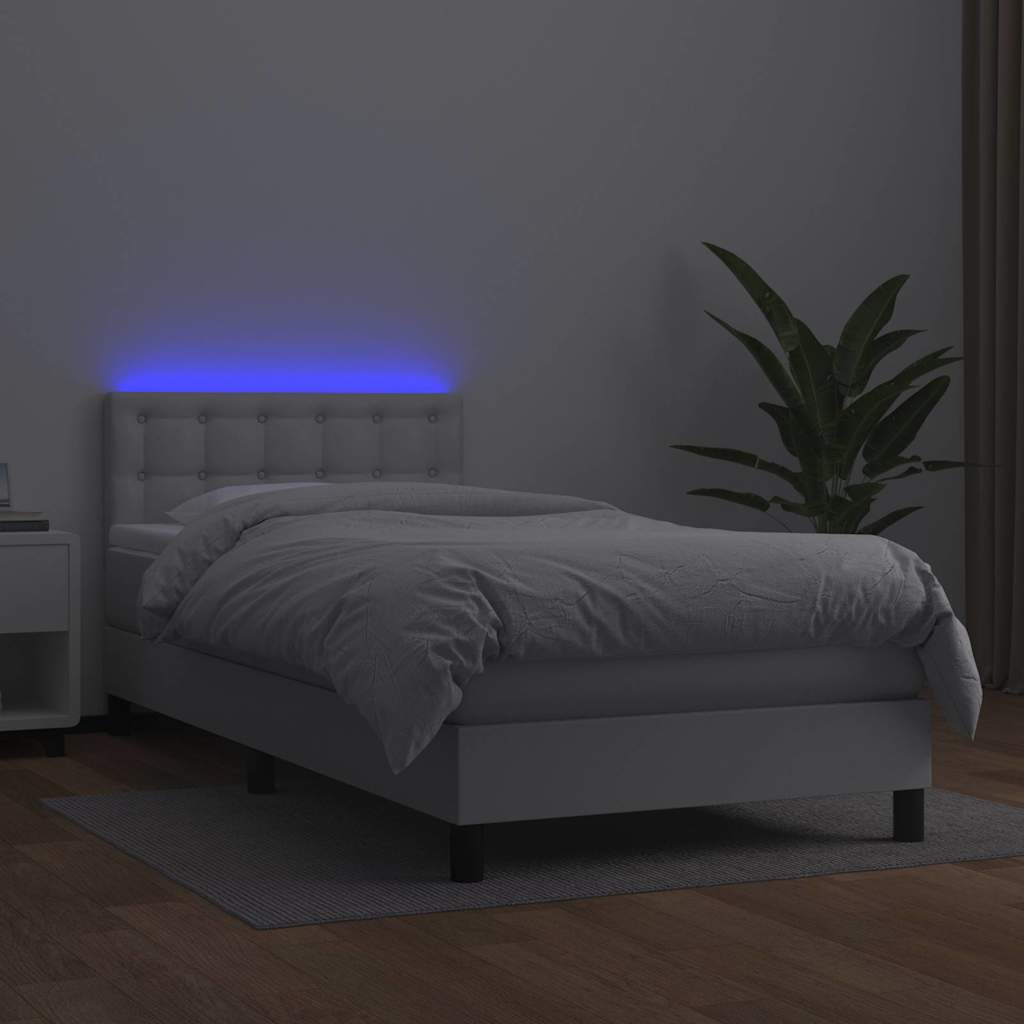 vidaXL Łóżko kontynentalne z materacem i LED, biała ekoskóra 90x190 cm