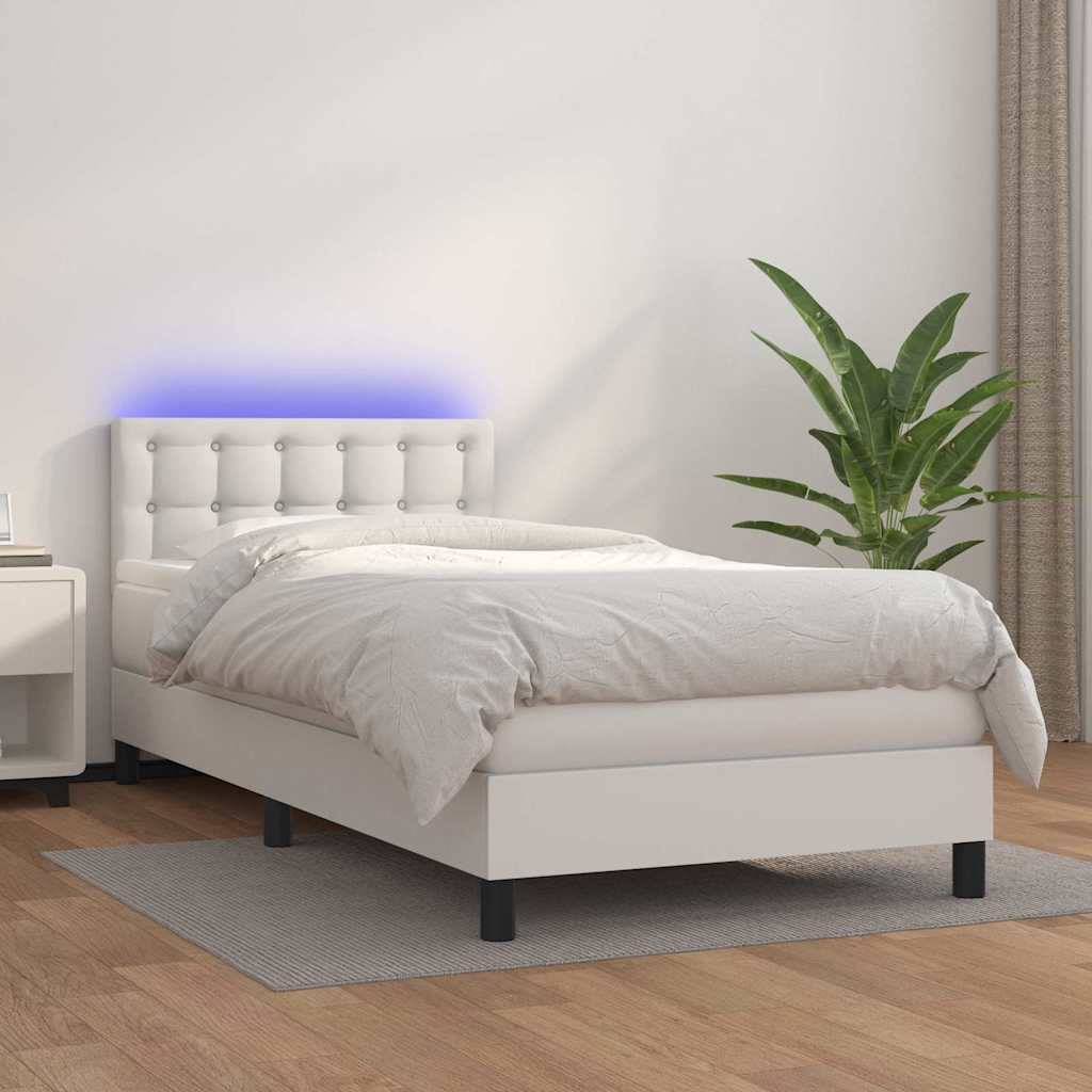 vidaXL Łóżko kontynentalne z materacem i LED, biała ekoskóra 90x190 cm