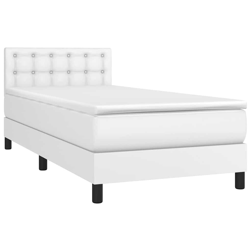 vidaXL Łóżko kontynentalne z materacem i LED, biała ekoskóra 90x200 cm
