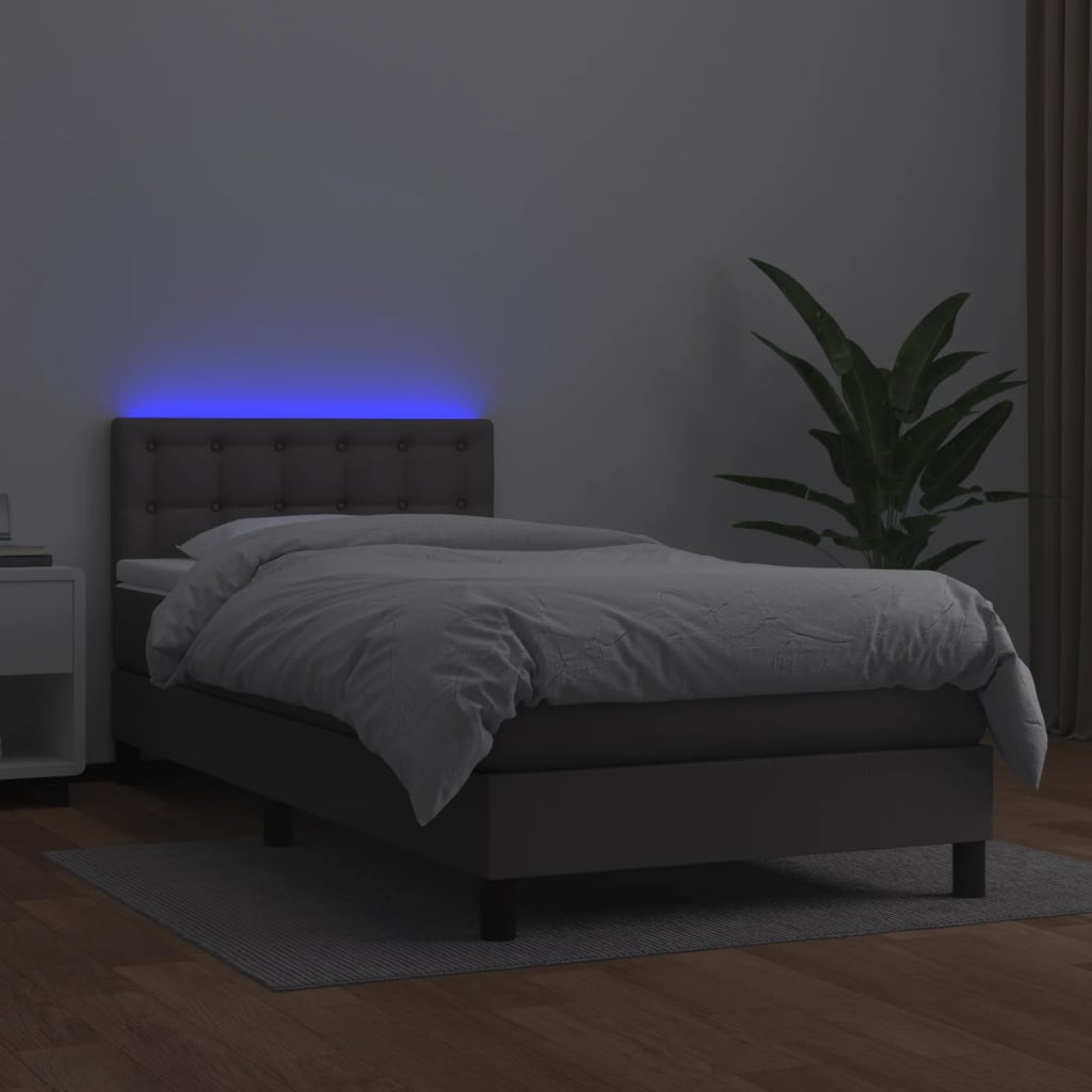 vidaXL Łóżko kontynentalne z materacem i LED, szara ekoskóra 90x200 cm