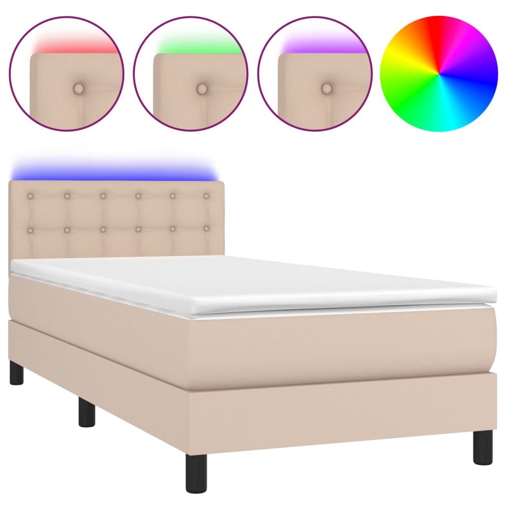 vidaXL Łóżko kontynentalne, materac i LED cappuccino ekoskóra 90x200cm