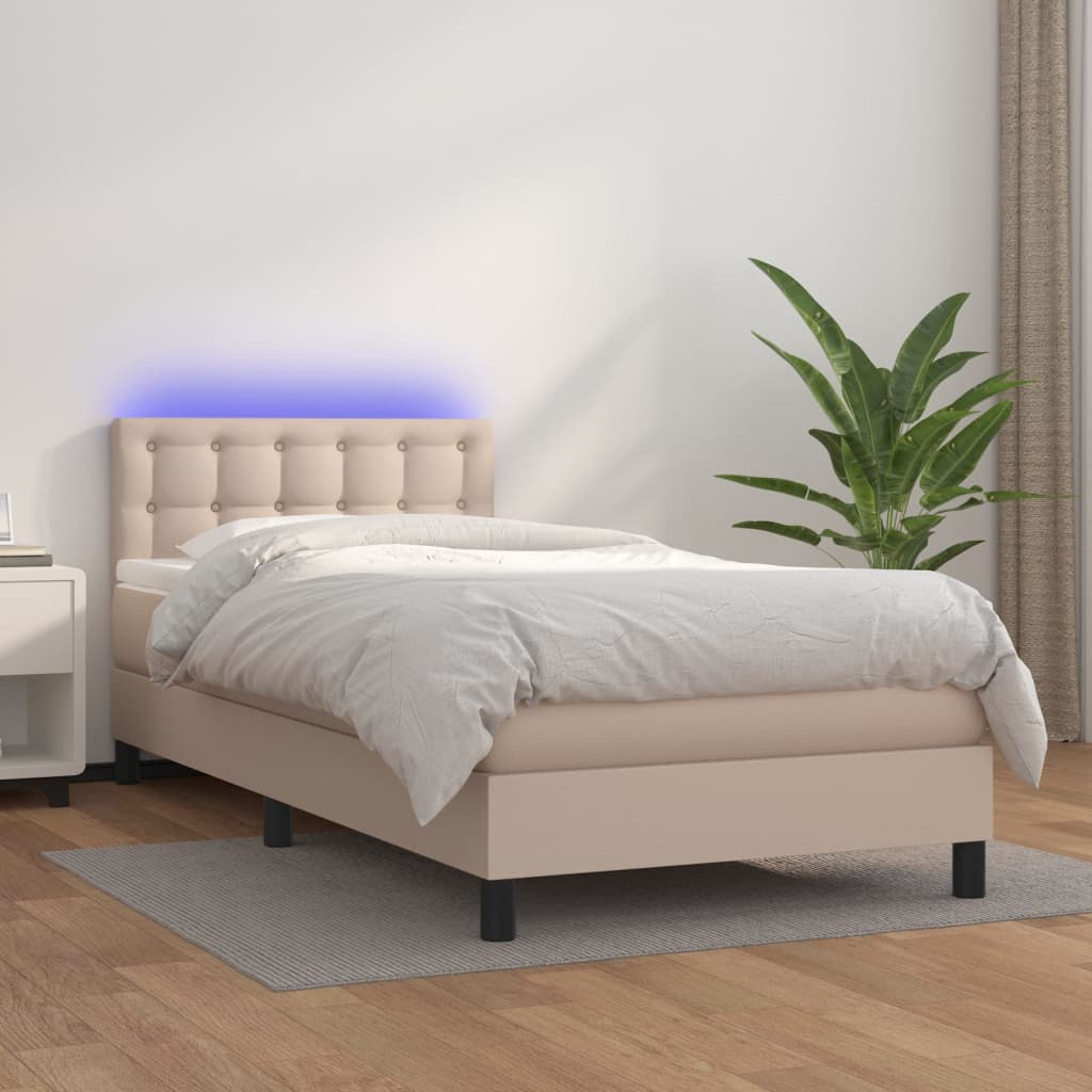 vidaXL Łóżko kontynentalne, materac i LED cappuccino ekoskóra 90x200cm