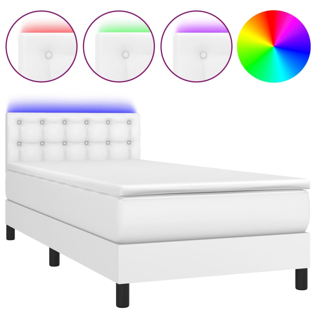 vidaXL Łóżko kontynentalne z materacem i LED, biała ekoskóra 100x200cm