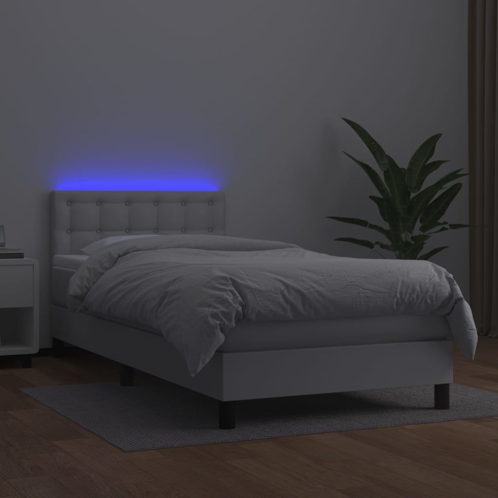 vidaXL Łóżko kontynentalne z materacem i LED, biała ekoskóra 100x200cm