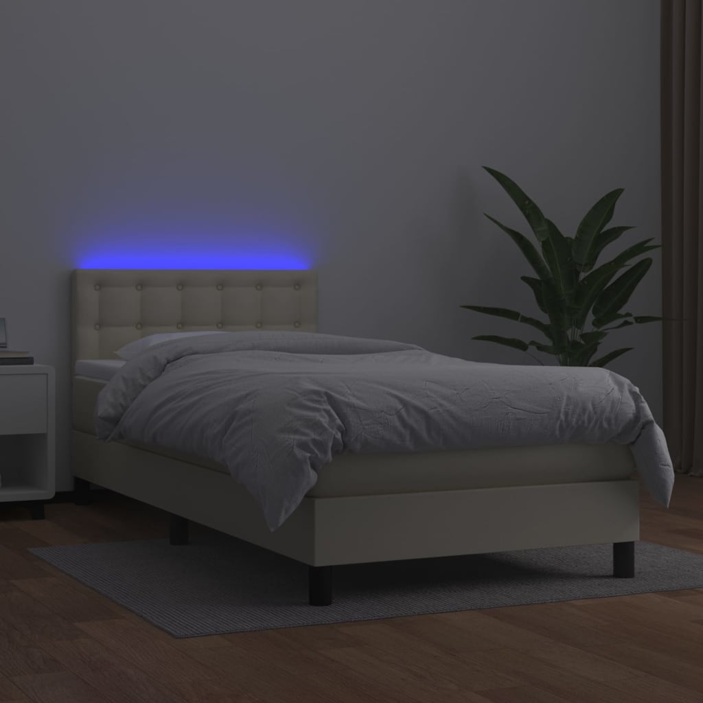 vidaXL Łóżko kontynentalne z LED, materac, kremowe, ekoskóra 100x200cm