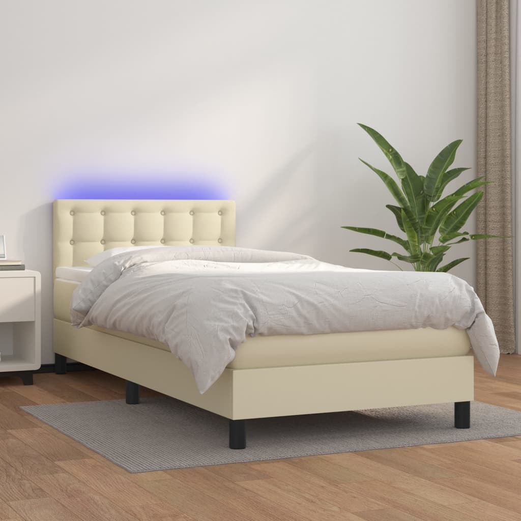 vidaXL Łóżko kontynentalne z LED, materac, kremowe, ekoskóra 100x200cm