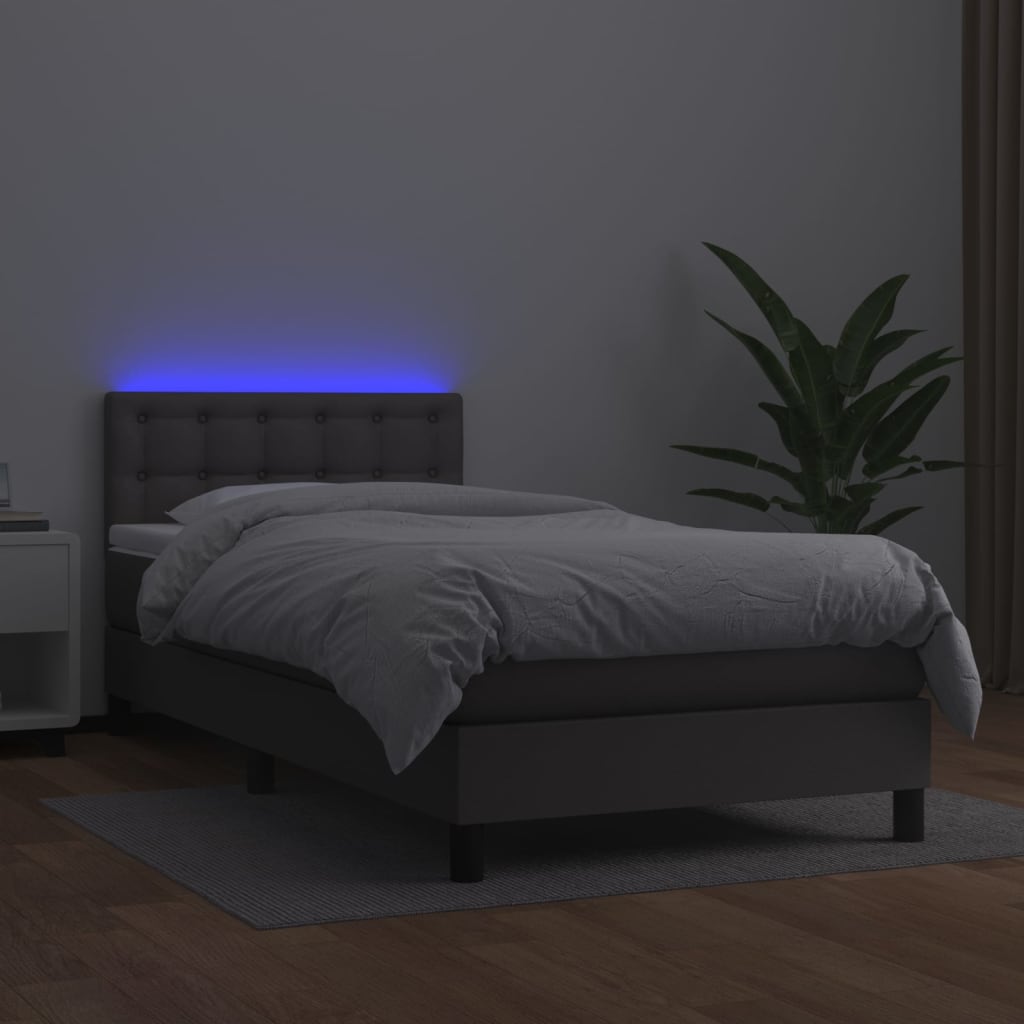 vidaXL Łóżko kontynentalne z materacem i LED, szara ekoskóra 100x200cm