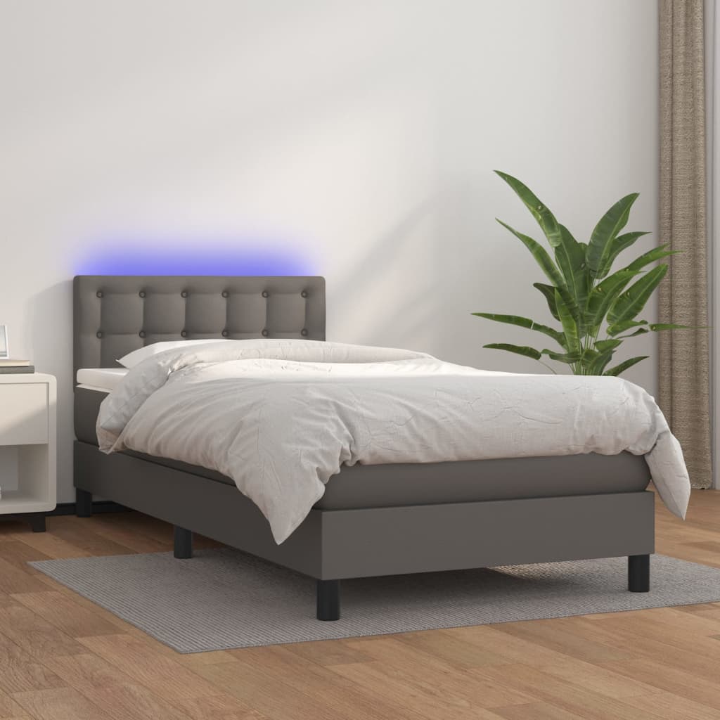 vidaXL Łóżko kontynentalne z materacem i LED, szara ekoskóra 100x200cm