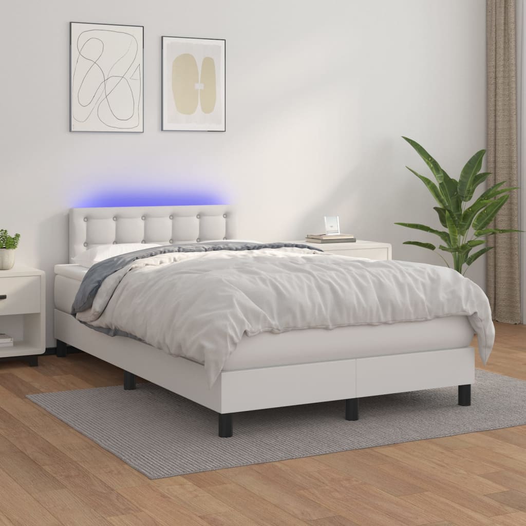 vidaXL Łóżko kontynentalne z materacem i LED, biała ekoskóra 120x200cm