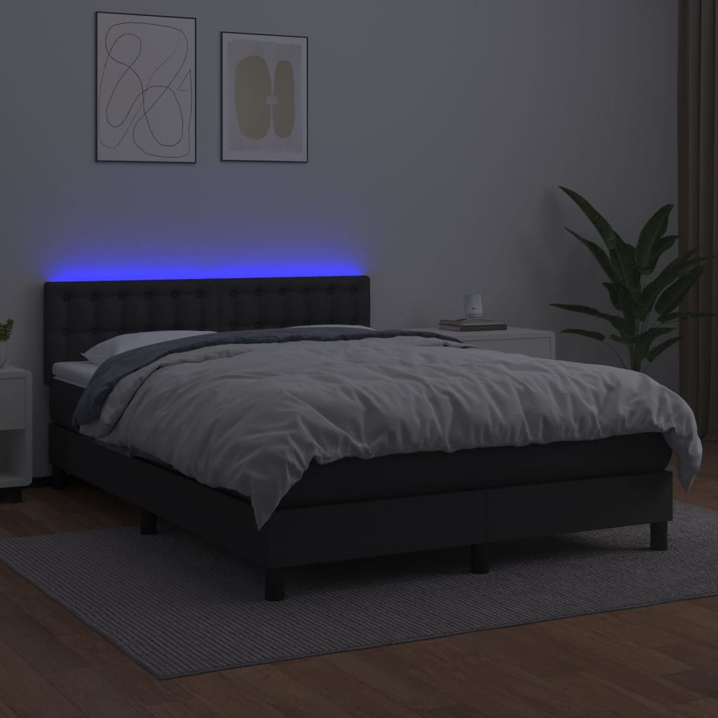 vidaXL Łóżko kontynentalne, materac i LED, czarna ekoskóra, 140x190 cm