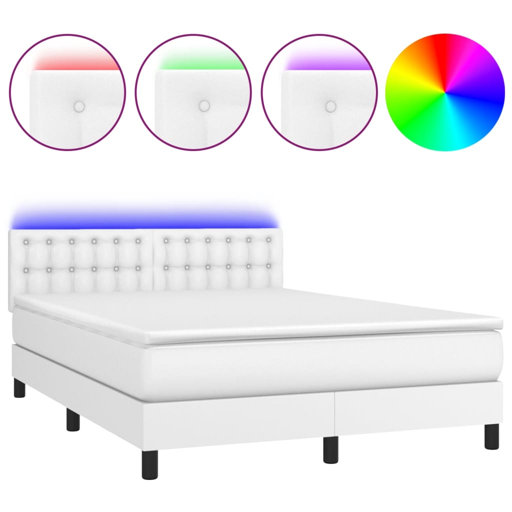 vidaXL Łóżko kontynentalne z materacem i LED, biała ekoskóra 140x190cm