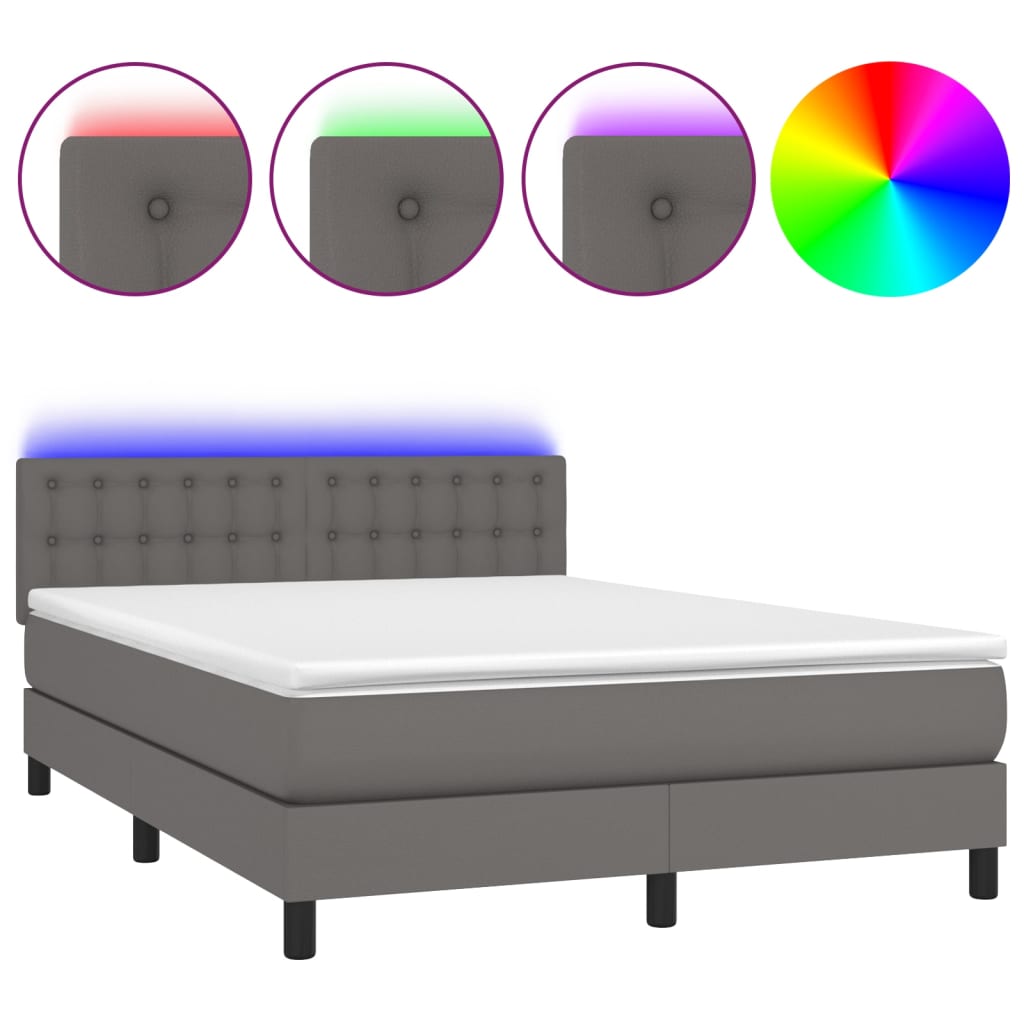 vidaXL Łóżko kontynentalne z materacem i LED, szara ekoskóra 140x190cm