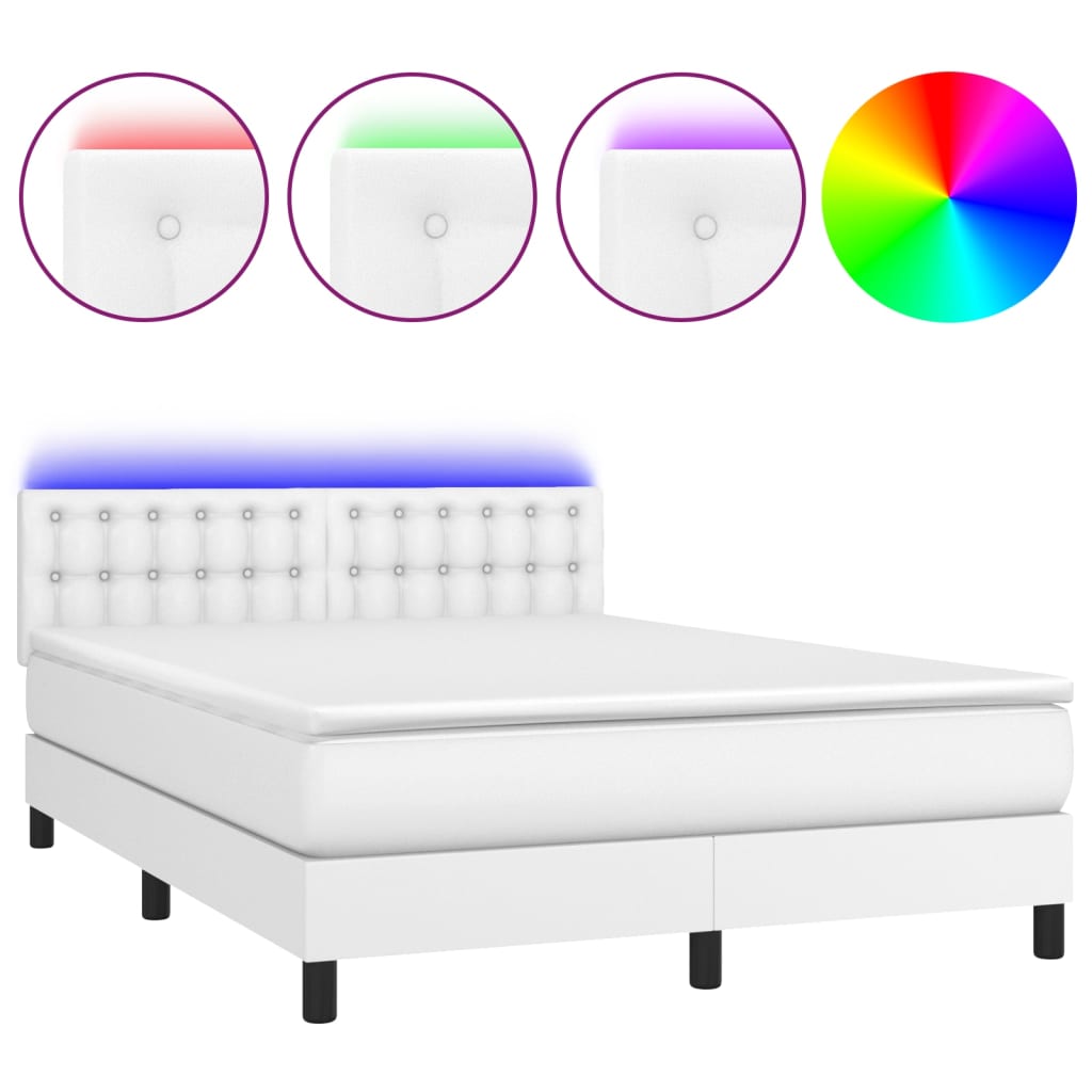 vidaXL Łóżko kontynentalne z materacem i LED, biała ekoskóra 140x200cm