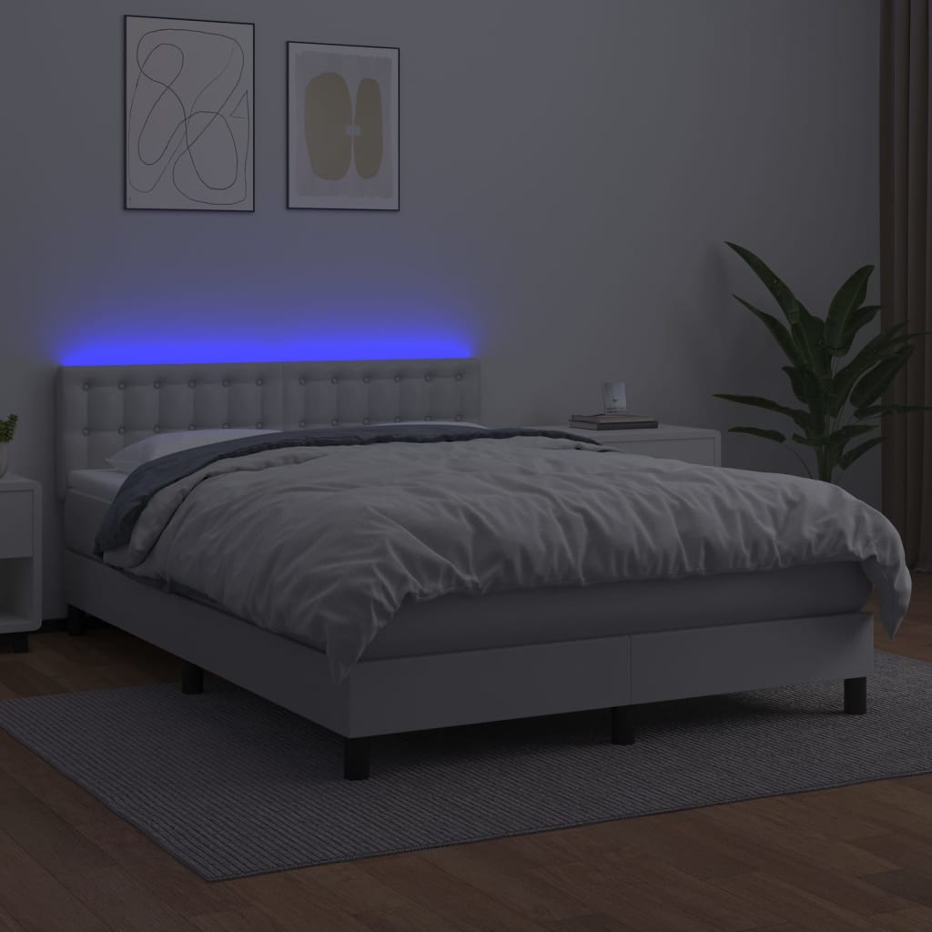 vidaXL Łóżko kontynentalne z materacem i LED, biała ekoskóra 140x200cm