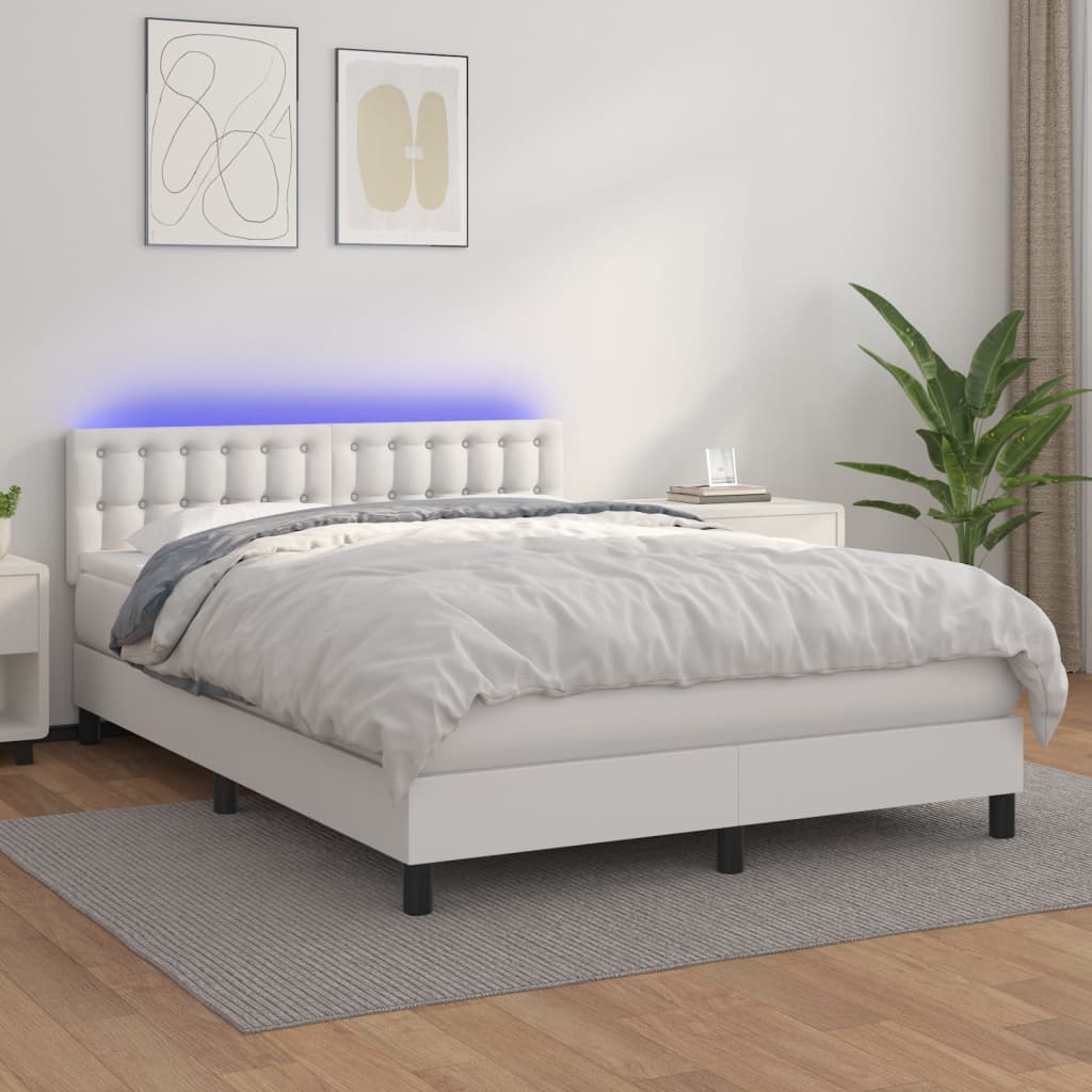 vidaXL Łóżko kontynentalne z materacem i LED, biała ekoskóra 140x200cm