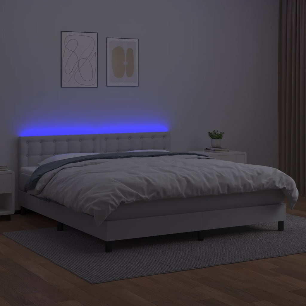 vidaXL Łóżko kontynentalne z materacem i LED, biała ekoskóra 160x200cm