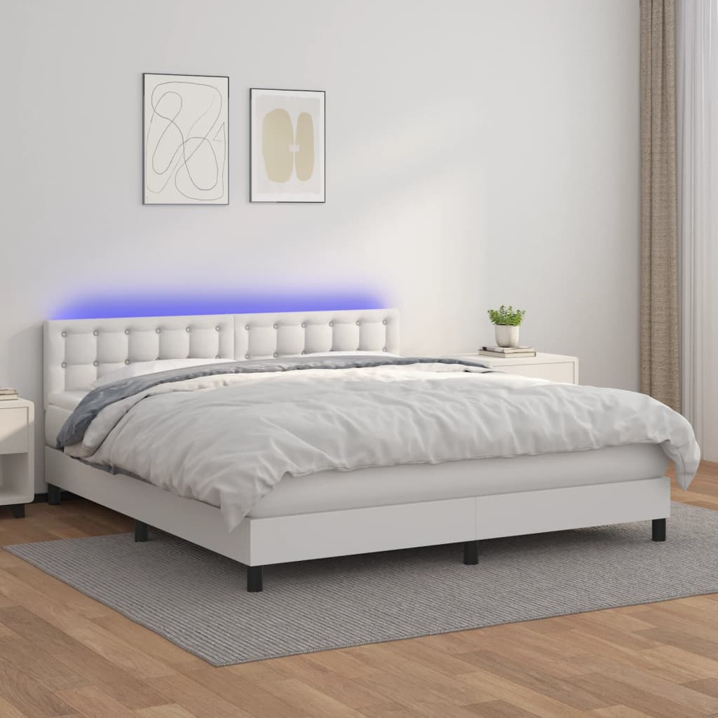 vidaXL Łóżko kontynentalne z materacem i LED, biała ekoskóra 160x200cm