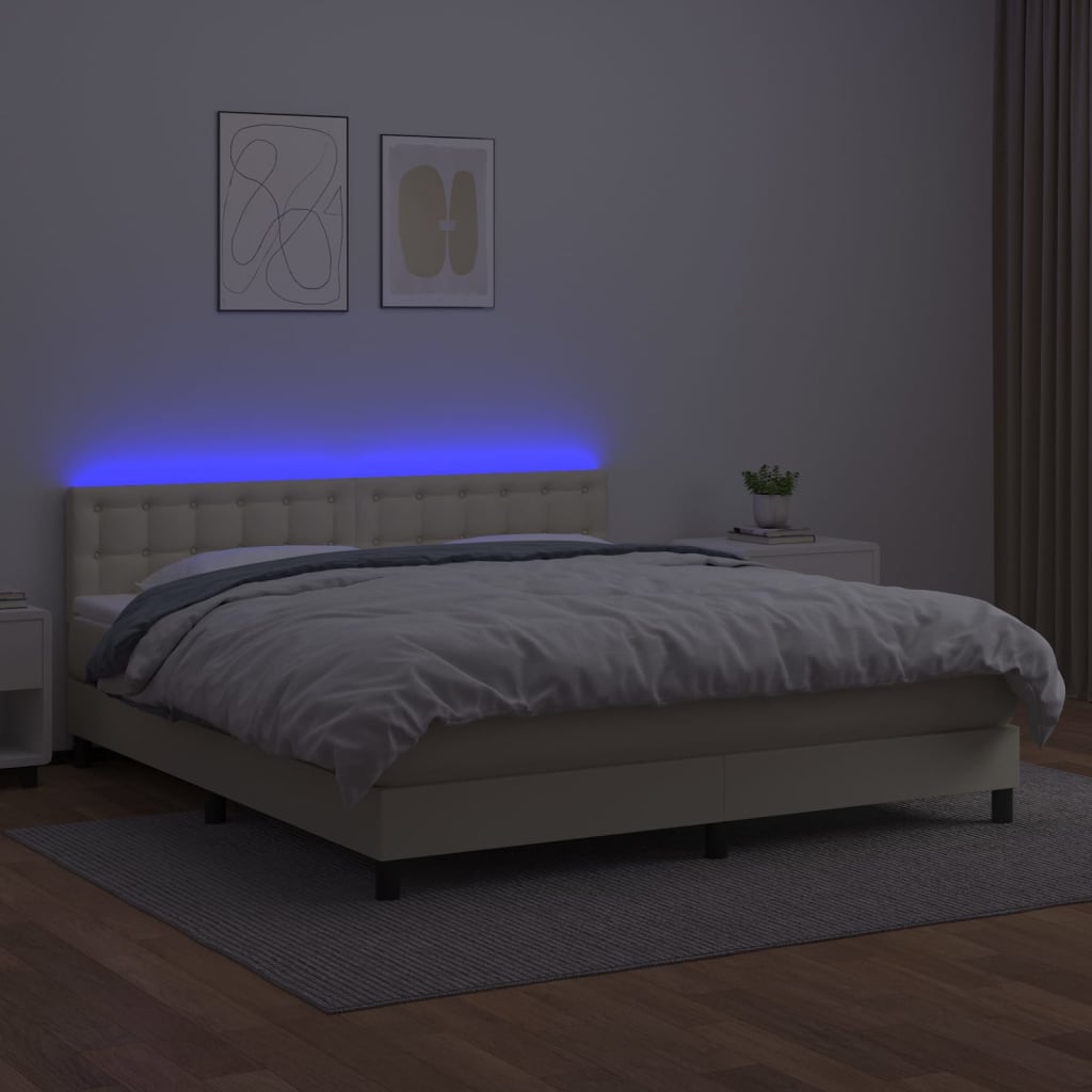 vidaXL Łóżko kontynentalne z LED, materac, kremowe, ekoskóra 160x200cm