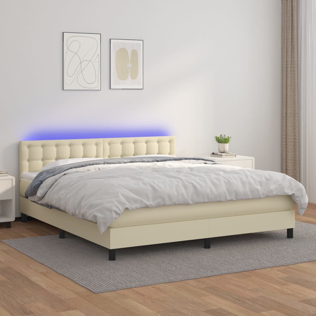 vidaXL Łóżko kontynentalne z LED, materac, kremowe, ekoskóra 160x200cm