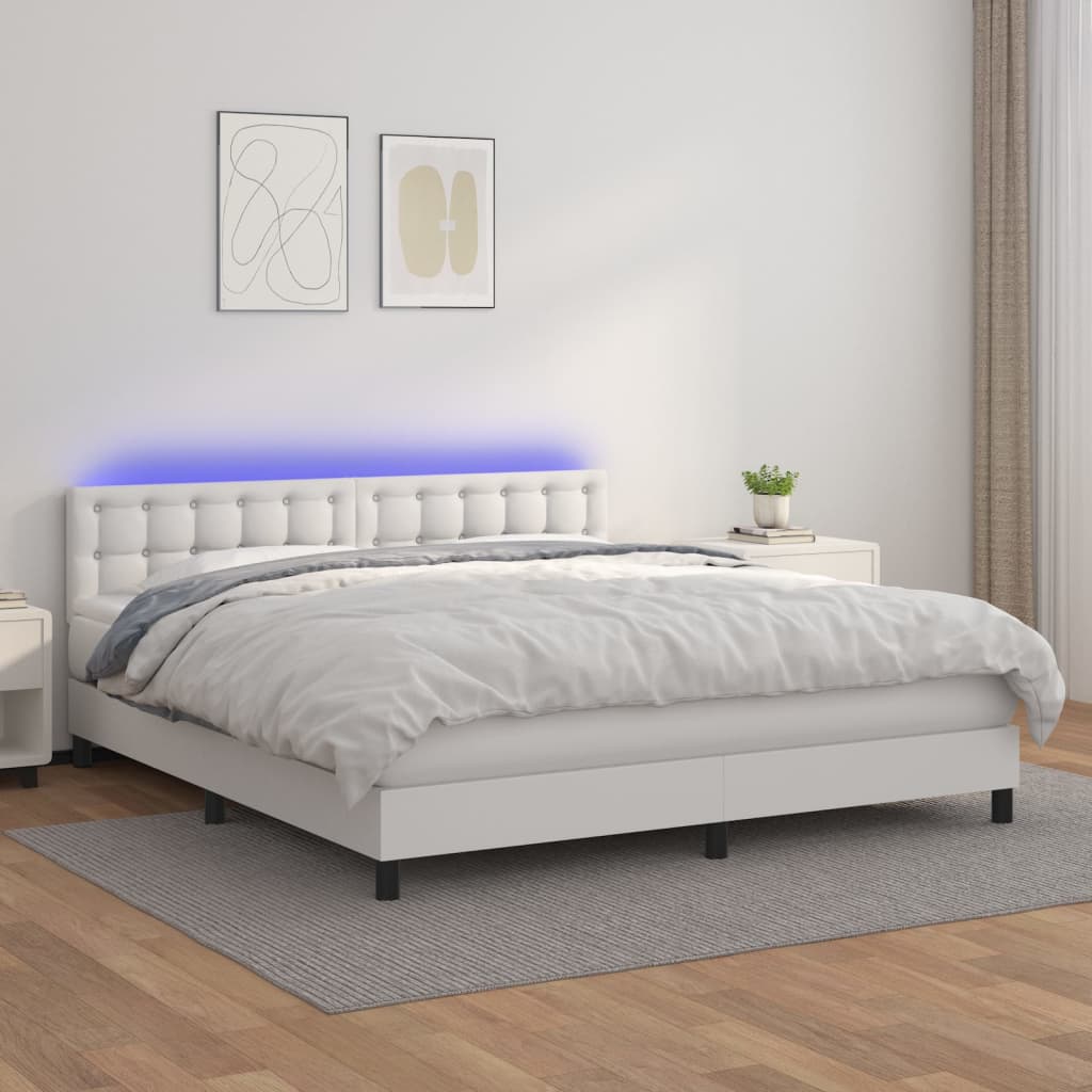 vidaXL Łóżko kontynentalne z materacem i LED, biała ekoskóra 180x200cm