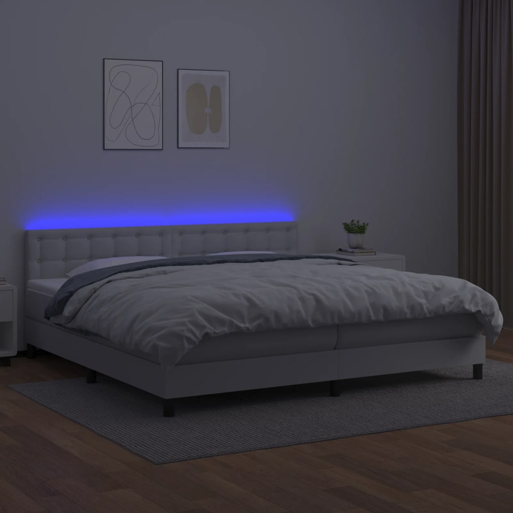 vidaXL Łóżko kontynentalne z materacem i LED, biała ekoskóra 200x200cm
