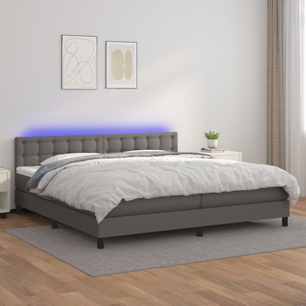 vidaXL Łóżko kontynentalne z materacem i LED, szara ekoskóra 200x200cm