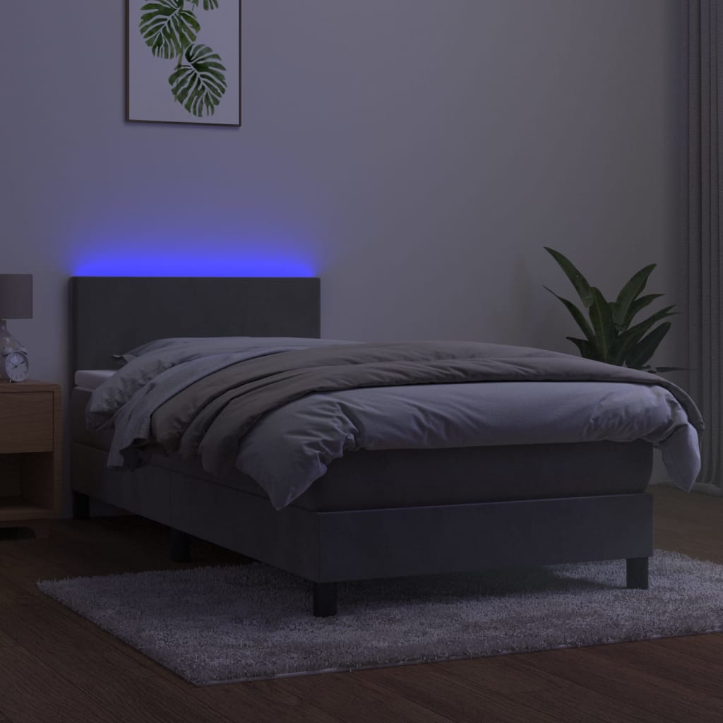 vidaXL Łóżko kontynentalne z materacem i LED, szare 90x190 cm, aksamit