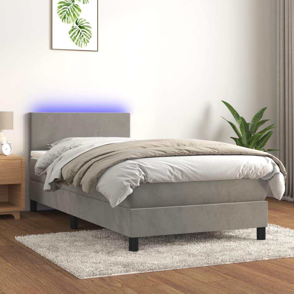 vidaXL Łóżko kontynentalne z materacem i LED, szare 90x190 cm, aksamit