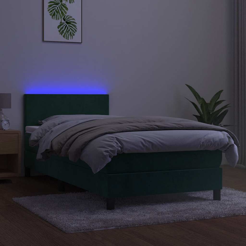 vidaXL Łóżko kontynentalne z materacem i LED zielony aksamit 90x190 cm