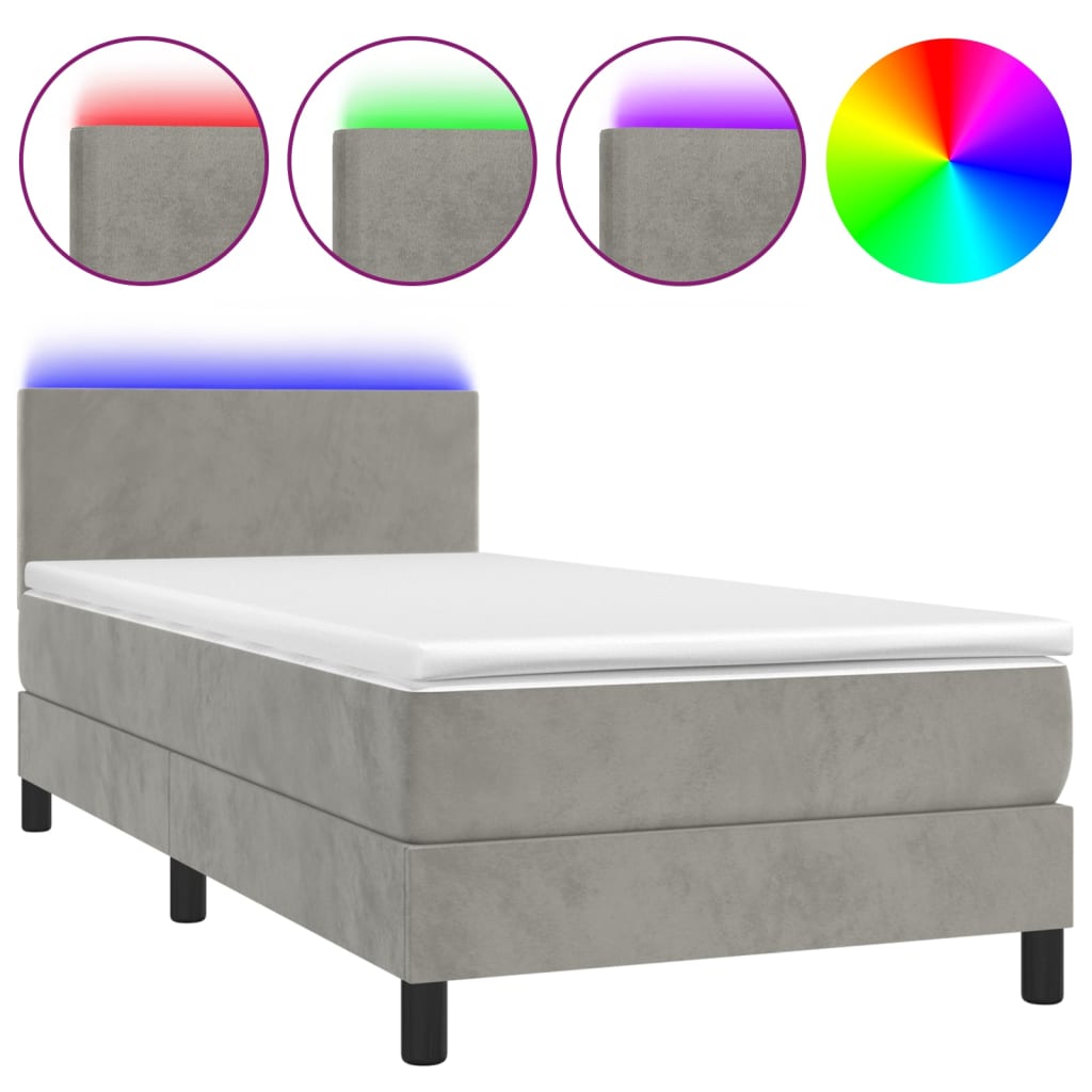 vidaXL Łóżko kontynentalne z materacem i LED, szare 90x200 cm, aksamit