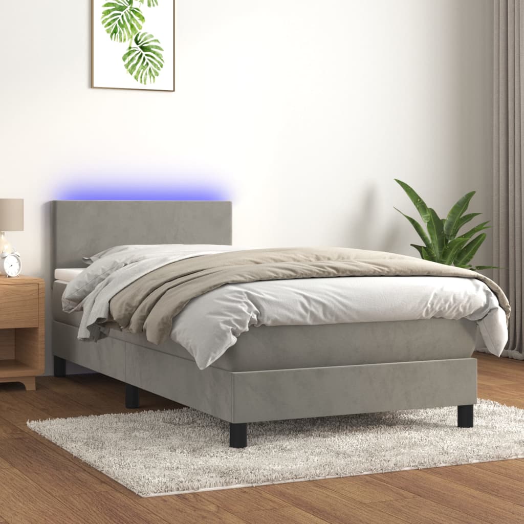 vidaXL Łóżko kontynentalne z materacem i LED, szare 90x200 cm, aksamit