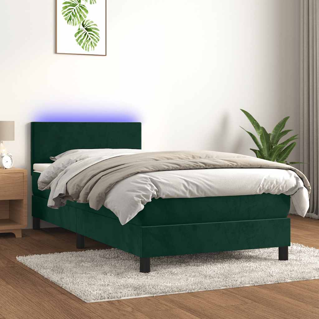 vidaXL Łóżko kontynentalne z materacem i LED zielony aksamit 90x200 cm
