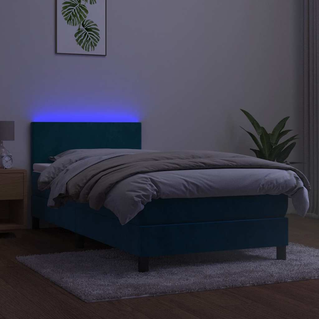 vidaXL Łóżko kontynentalne, materac i LED, niebieski aksamit 90x200 cm