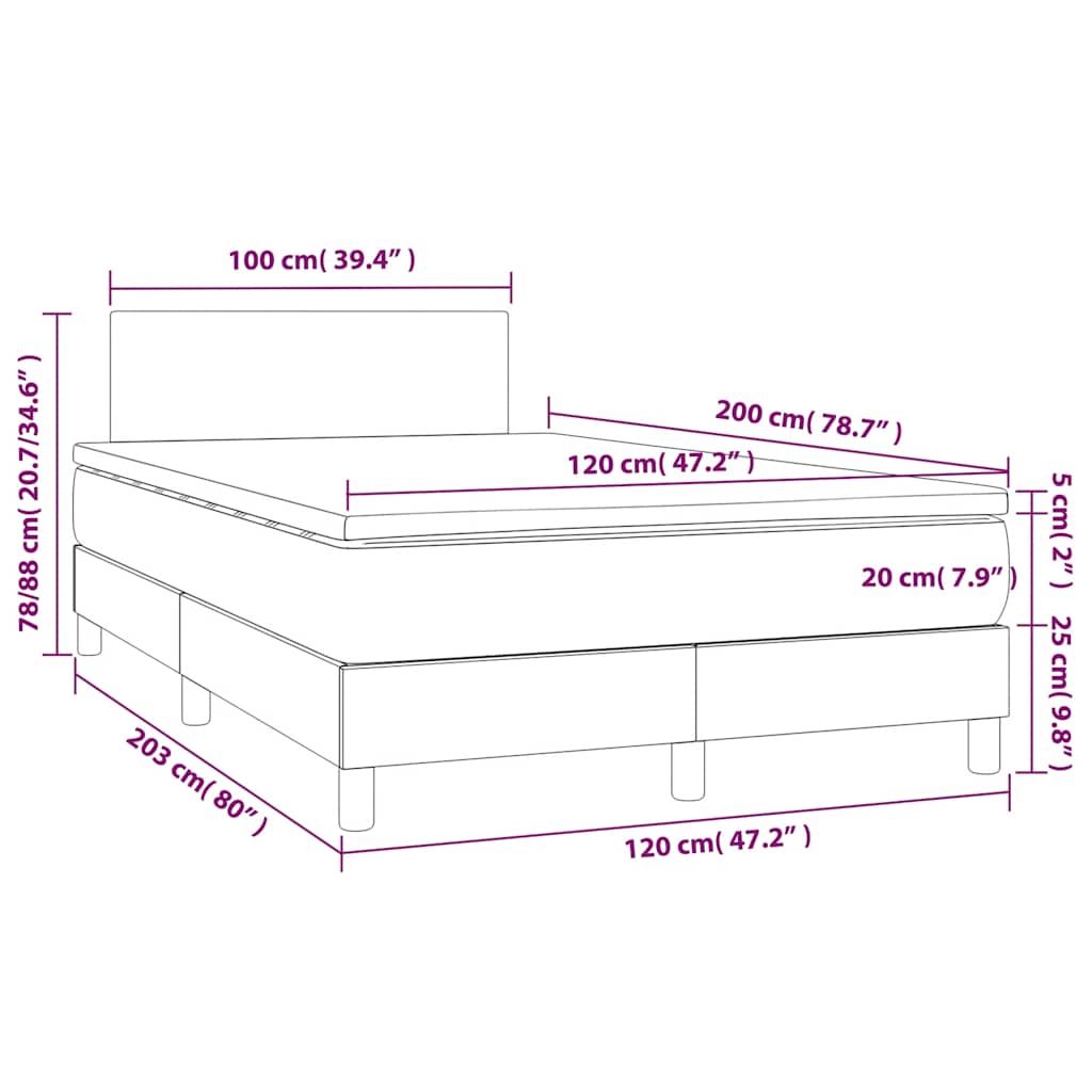 vidaXL Łóżko kontynentalne, materac i LED, niebieski aksamit 120x200cm